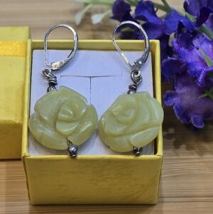 Carved jade Rose and Sterling Silver earrings